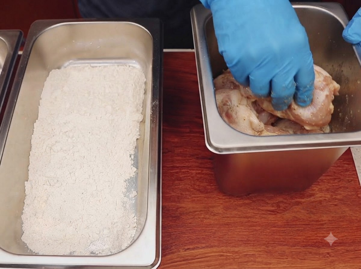 A gloved hand dredging marinated chicken pieces in a tray filled with dry flour.