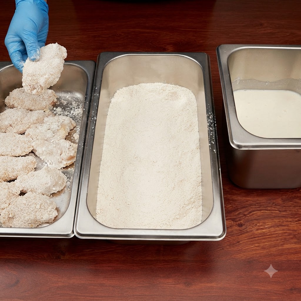 Double-coated chicken pieces being organized near a tray of flour and a container of milk.
