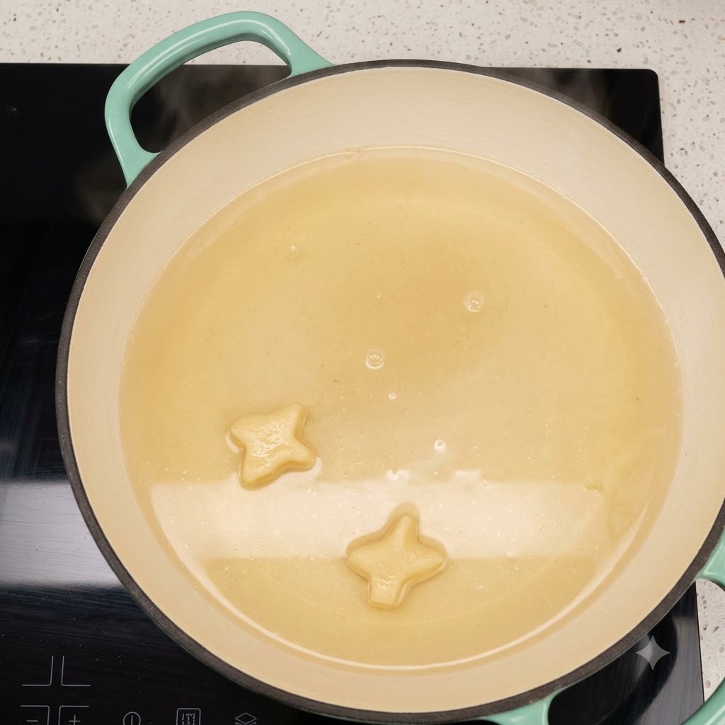 Cooking oil heating in a wide shallow pan on a stovetop with star-shaped decorations.