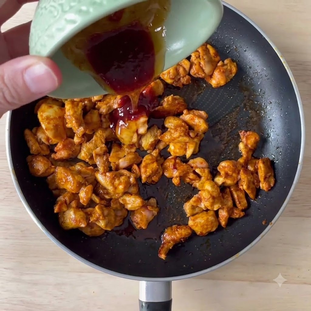Light soy sauce, hot sauce, and honey being poured from a small green bowl into a pan of stir-fried chicken.