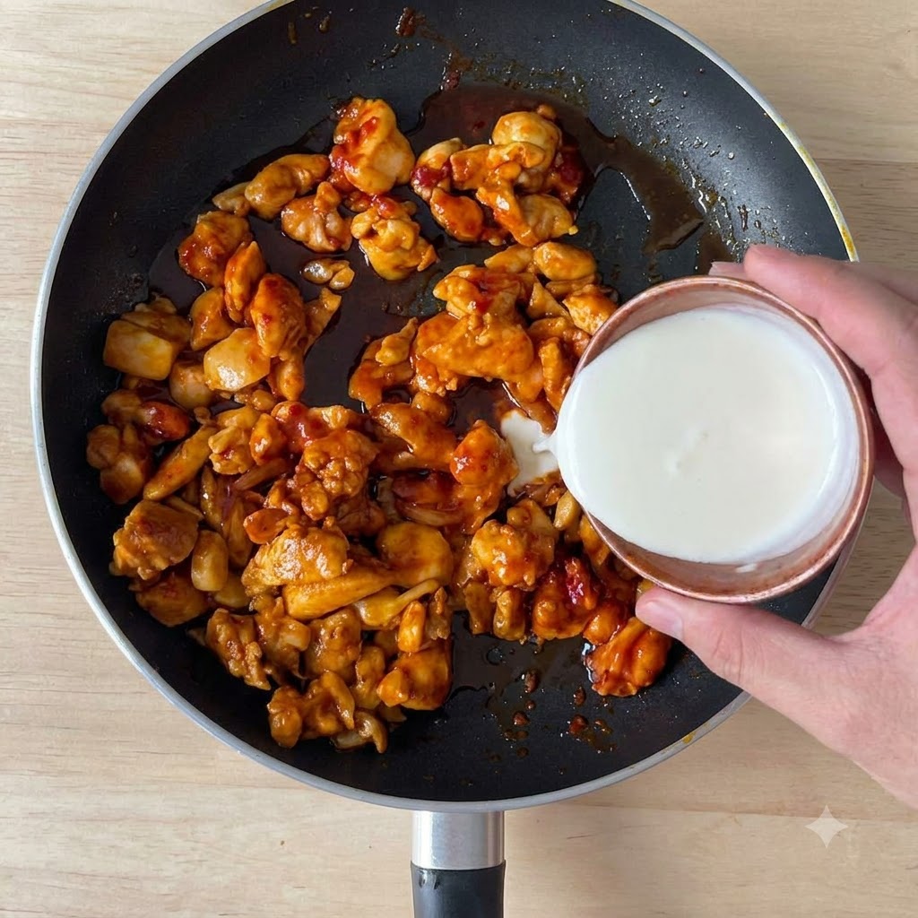 Heavy cream being poured from a small container into a pan containing seasoned chicken pieces and sauce.