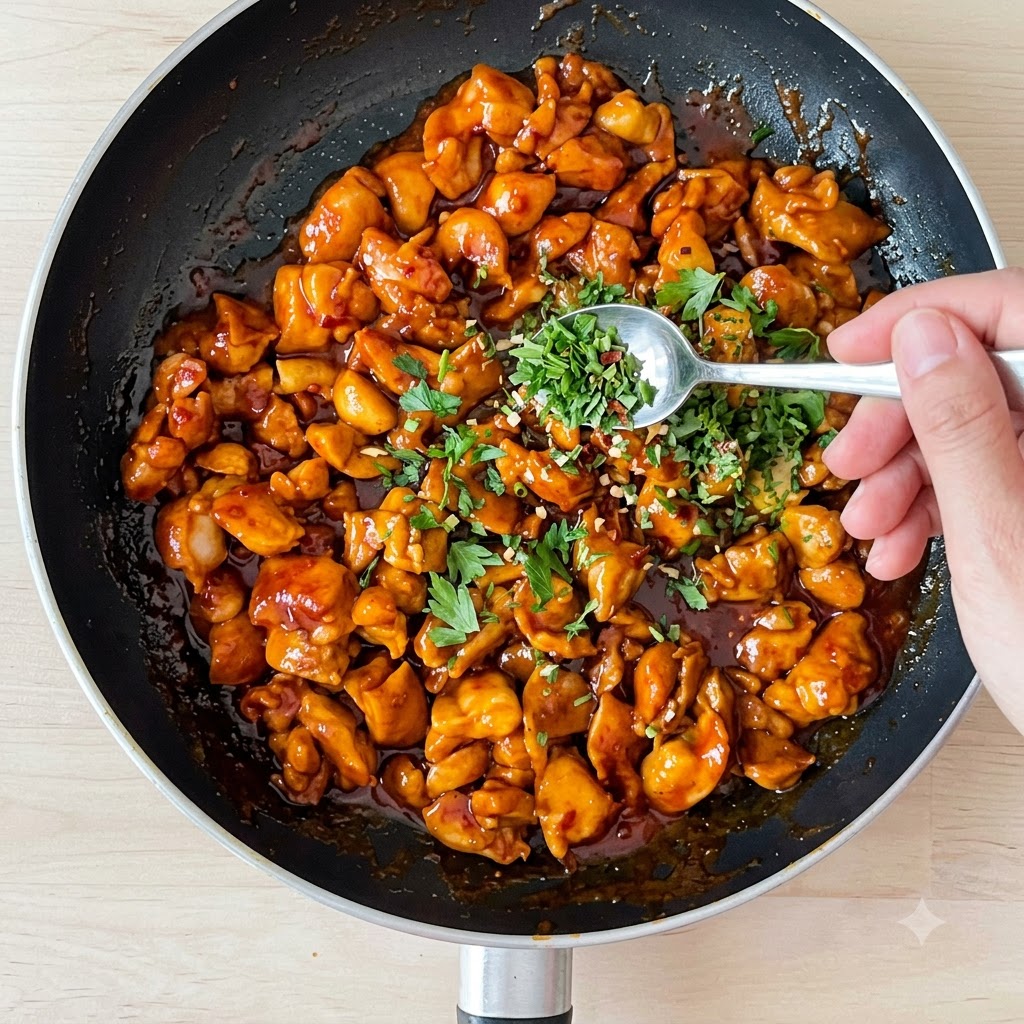 Fresh chopped herbs being spooned onto the simmering pan of chicken.
