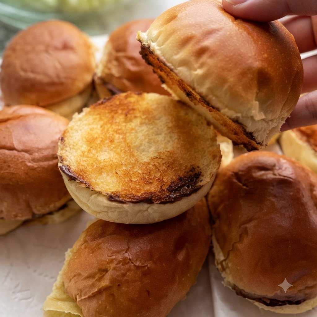 Dinner roll halves being held above a stack of toasted buns with golden-brown, crispy surfaces.