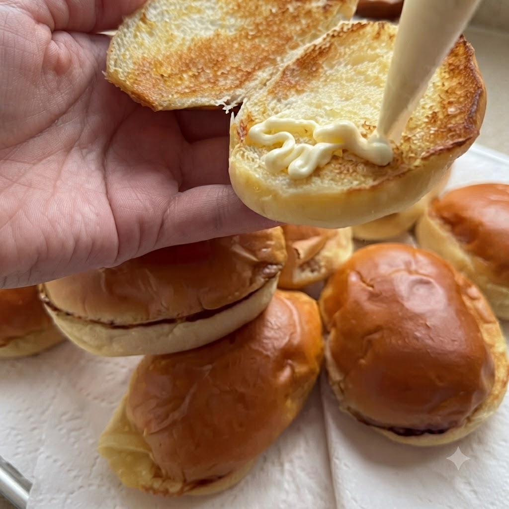 Mayonnaise being piped in a zigzag pattern onto the toasted interior of a dinner roll bun.