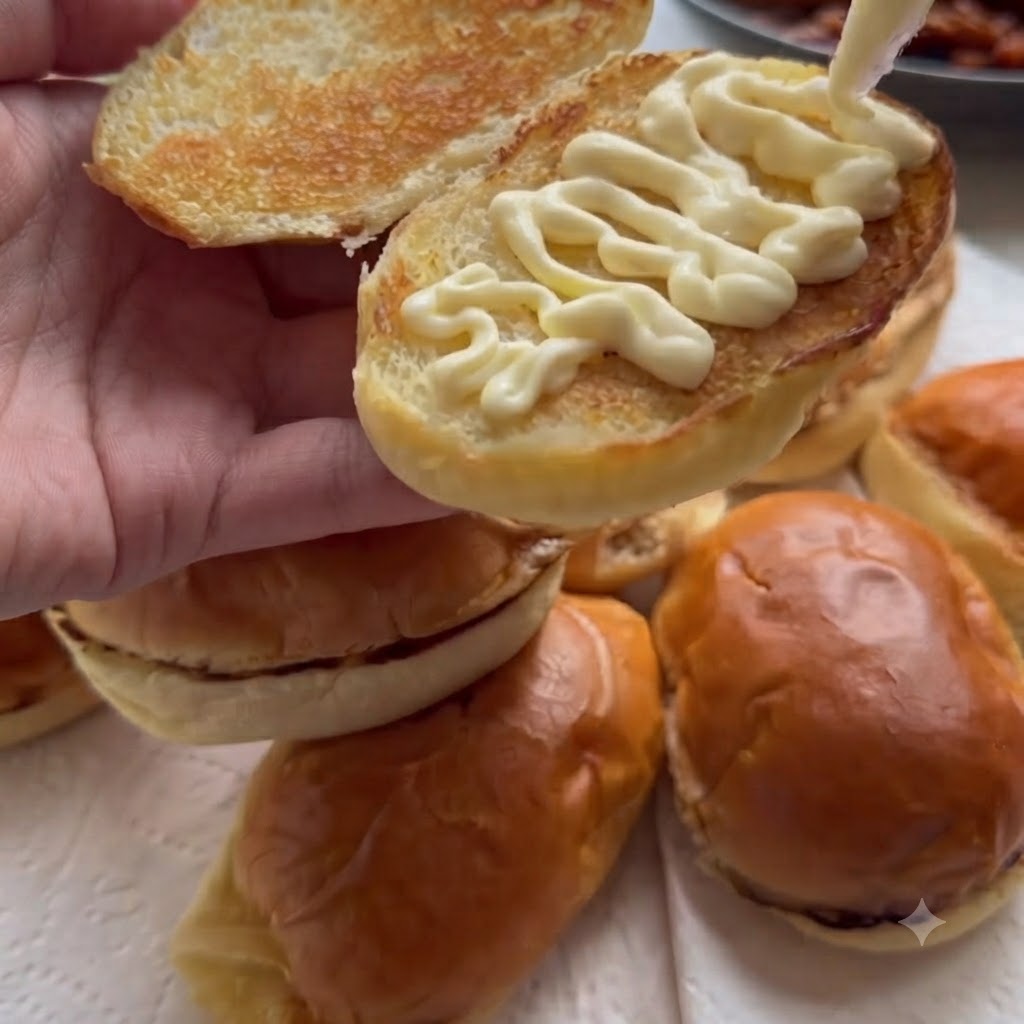 Cooked honey chicken pieces and thick sauce being spooned over the mayonnaise layer on the bun.