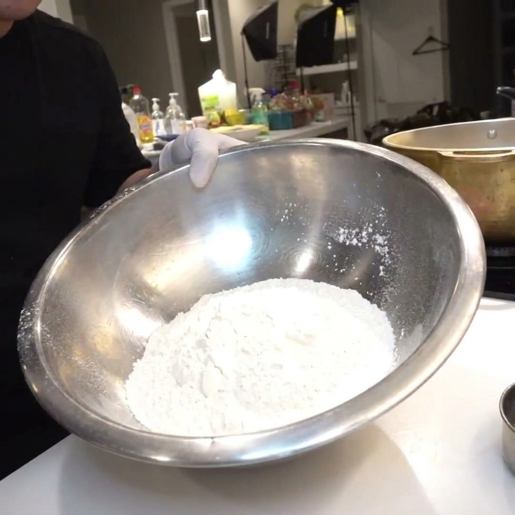 Seasoning salt being poured into a large bowl filled with white flour on a kitchen counter.