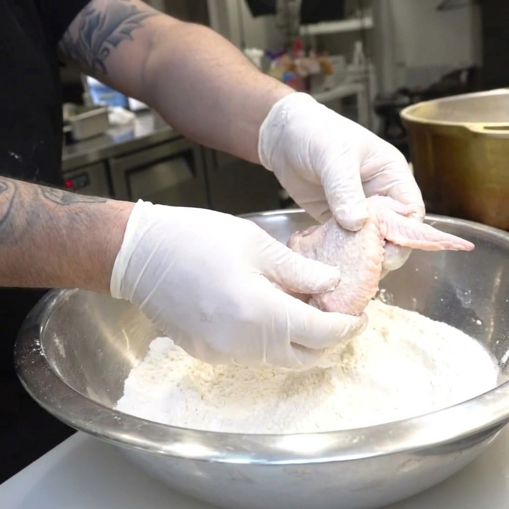 A pair of gloved hands holding a chicken wing while dredging it in a bowl of flour.