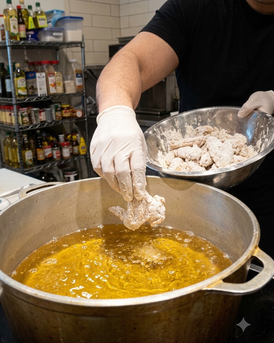 A floured chicken wing being gently lowered into a large pot of bubbling hot frying oil.