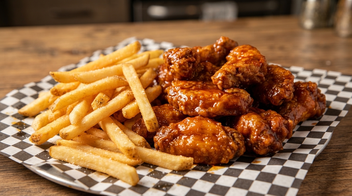 A plate of crispy honey BBQ chicken wings glazed in a shiny sauce, served alongside french fries.