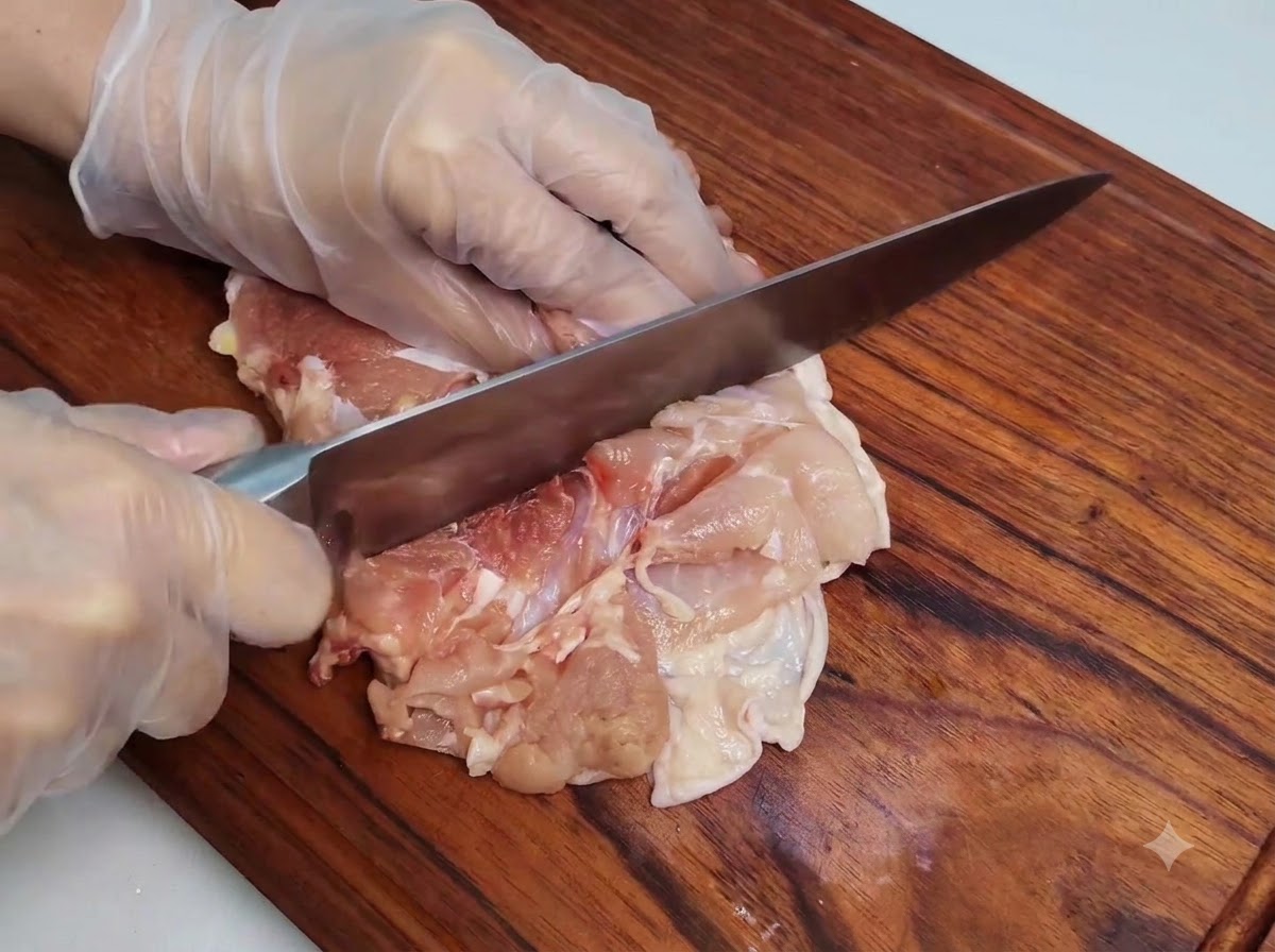 A gloved hand using a sharp knife to score the flesh of a deboned chicken thigh on a wooden cutting board.