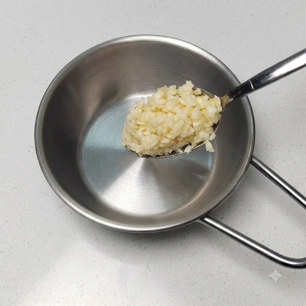 A metal spoon holding a mound of freshly minced garlic over an empty small stainless steel pot.