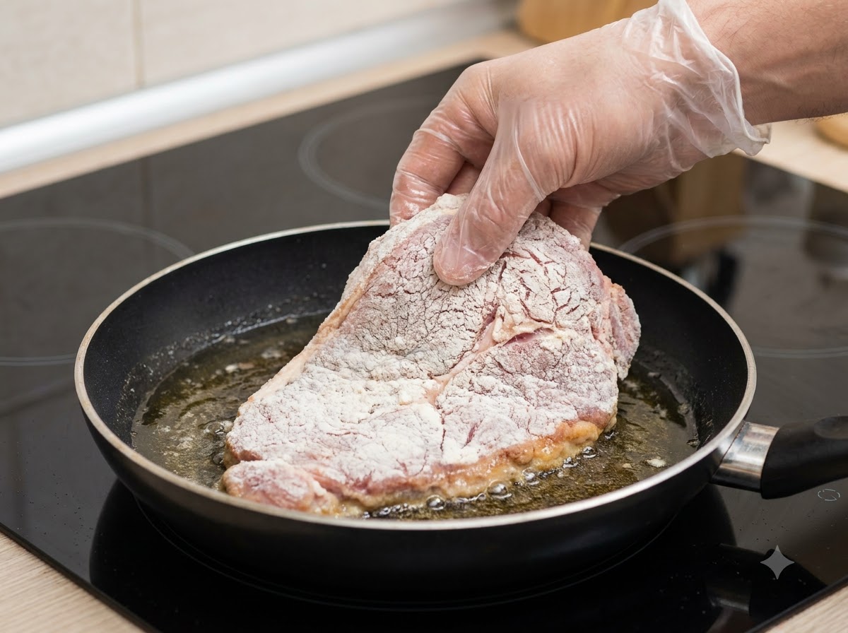 A hand using tongs to place a starch-coated chicken piece into a frying pan filled with hot oil.