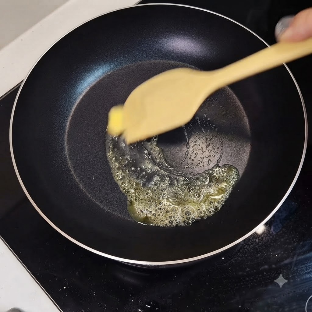 A wooden spatula stirring melting butter and oil in a frying pan to prepare the sauce.