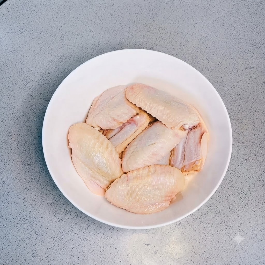 Fresh chicken wings arranged neatly inside a white ceramic bowl.