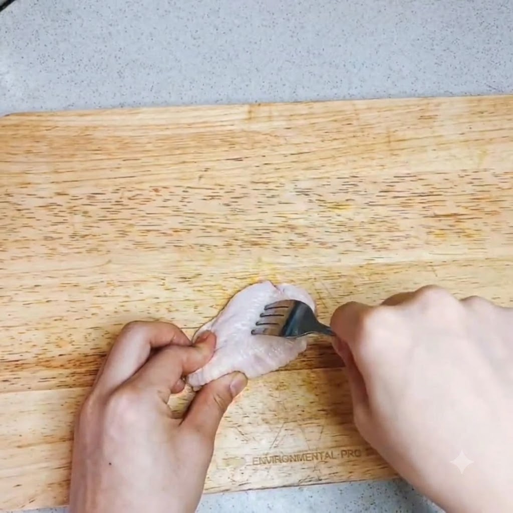 A spoonful of salt being sprinkled over raw chicken wings in a white bowl.