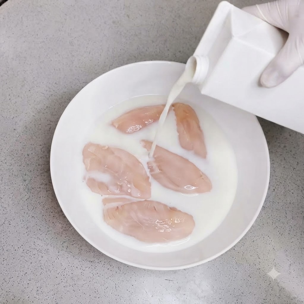 White milk being poured from a carton into a bowl filled with chicken wings.