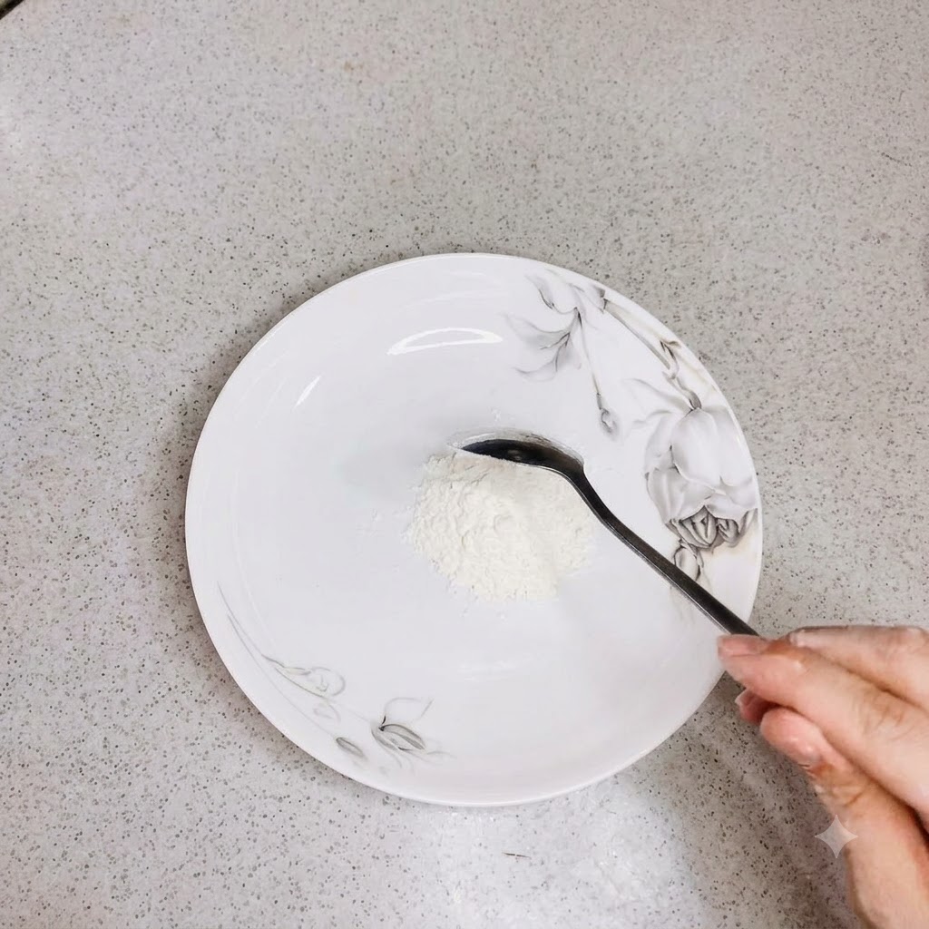 Flour being scooped onto a white decorative plate with a spoon.