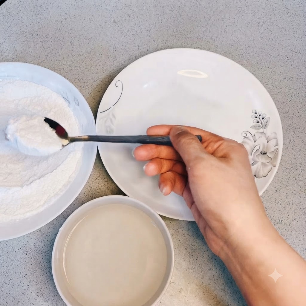 Frying powder being transferred with a spoon to prepare the batter mixture.