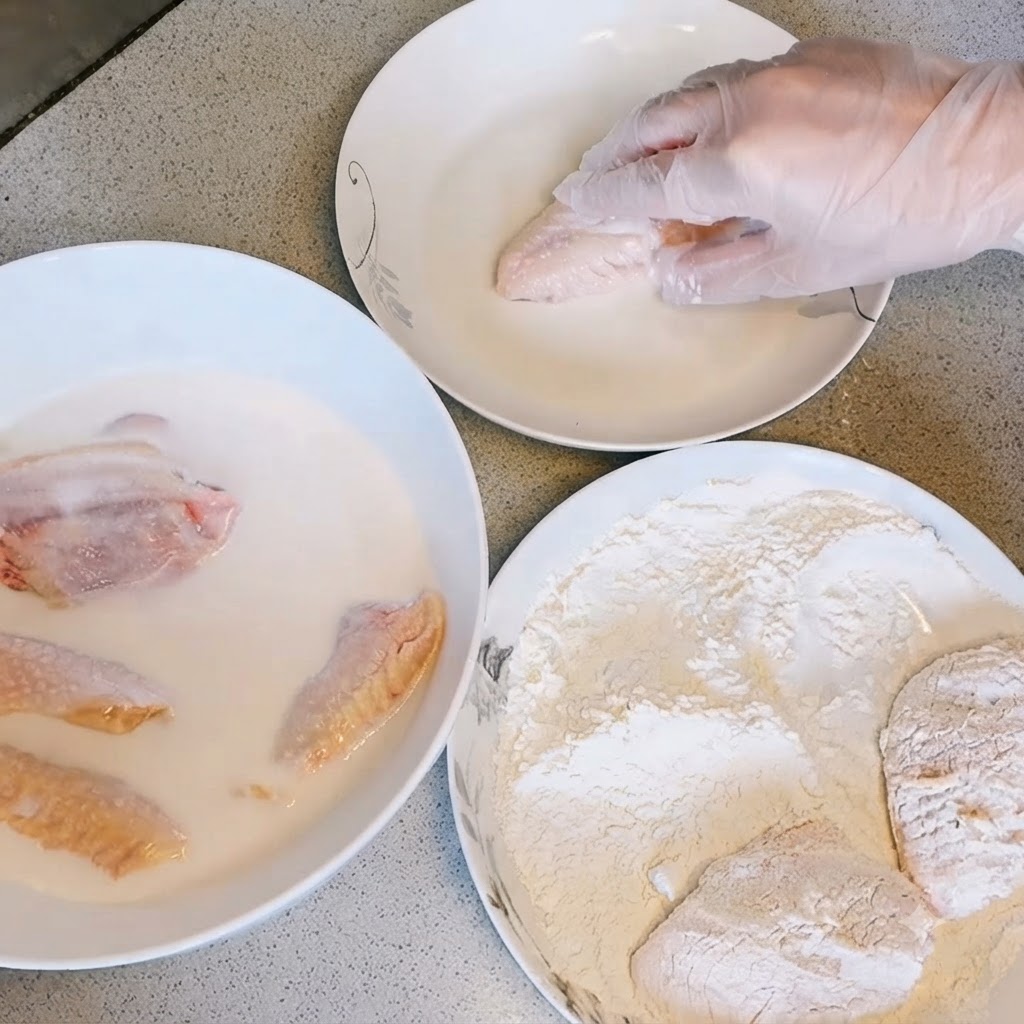 A gloved hand coating a marinated chicken wing in dry frying powder next to bowls of batter and milk.