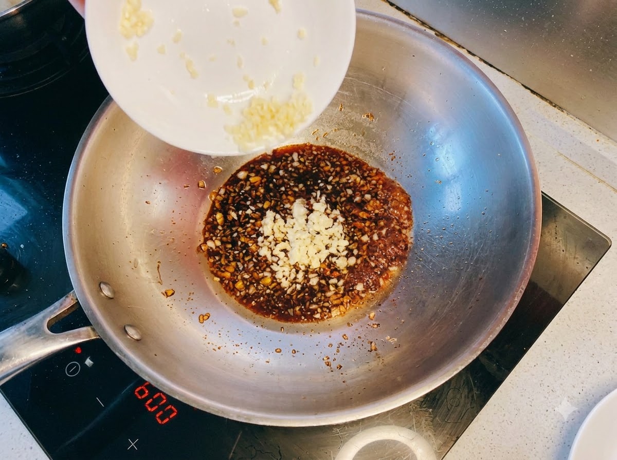 Fresh minced garlic being poured from a small dish into the simmering sauce mixture.