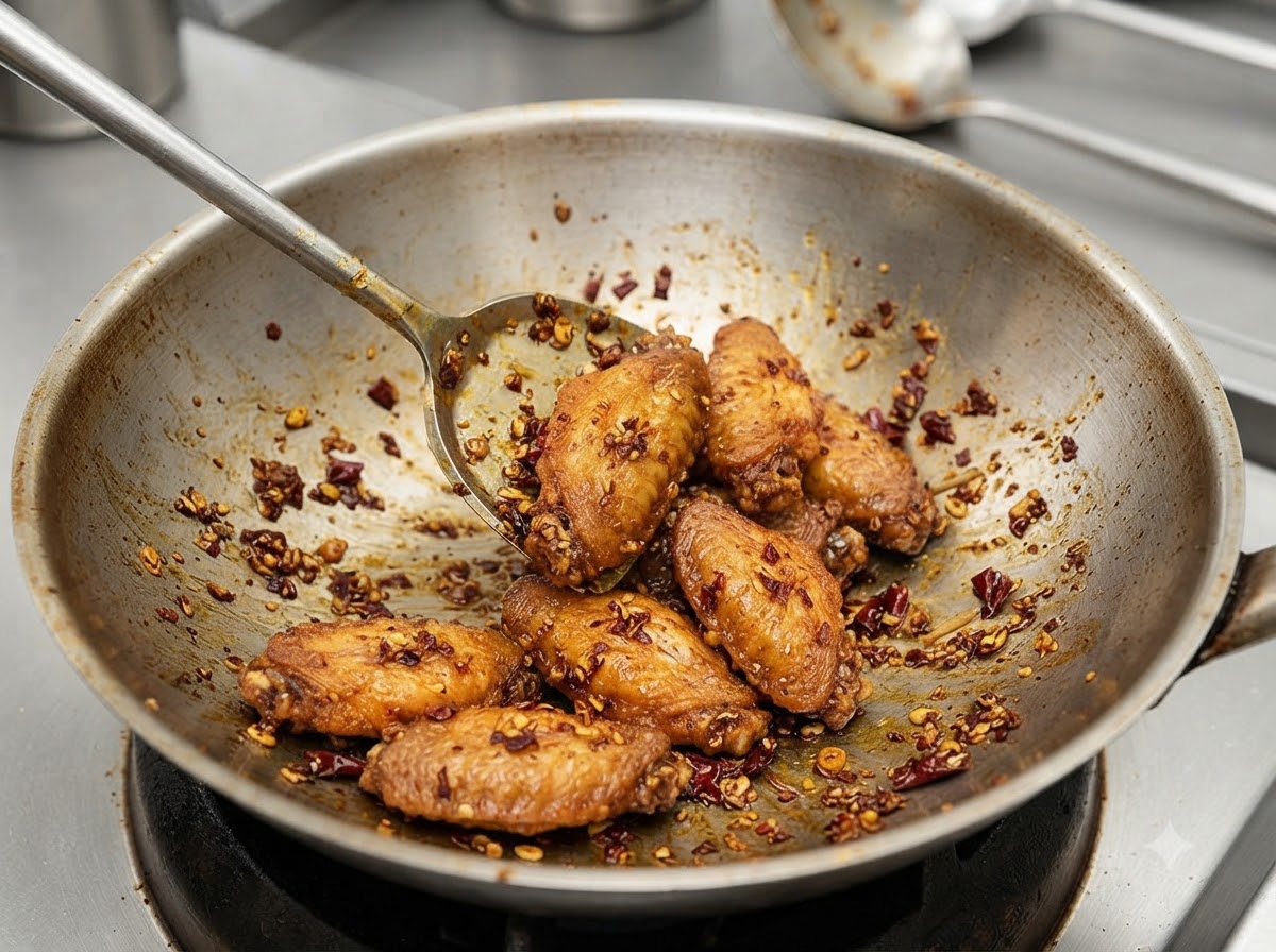 Crispy chicken wings being thoroughly tossed and coated in a savory dark glaze inside a wok.