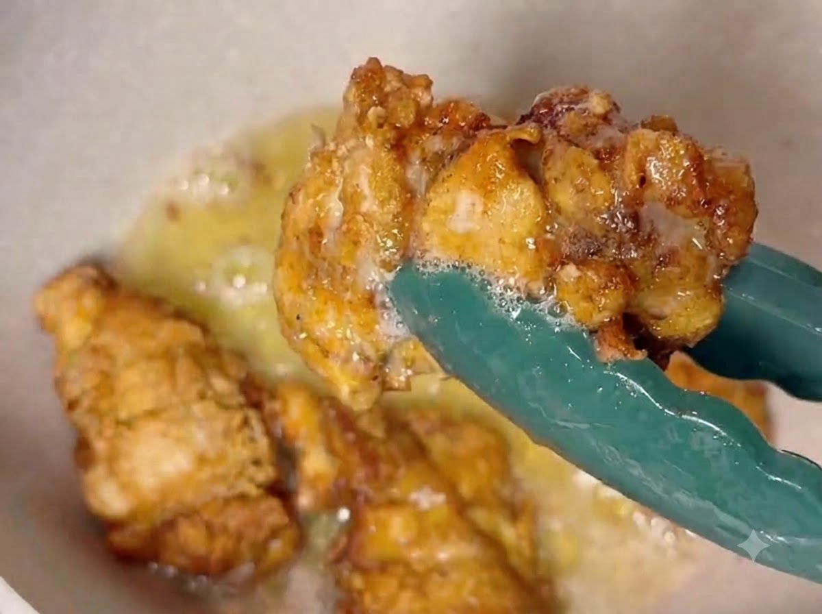 Fried chicken drumsticks being turned over with tongs in a pan of hot oil until golden brown.