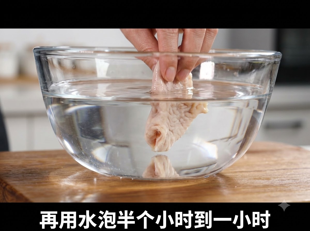 Boneless chicken pieces soaking in a glass bowl of water on a wooden surface.