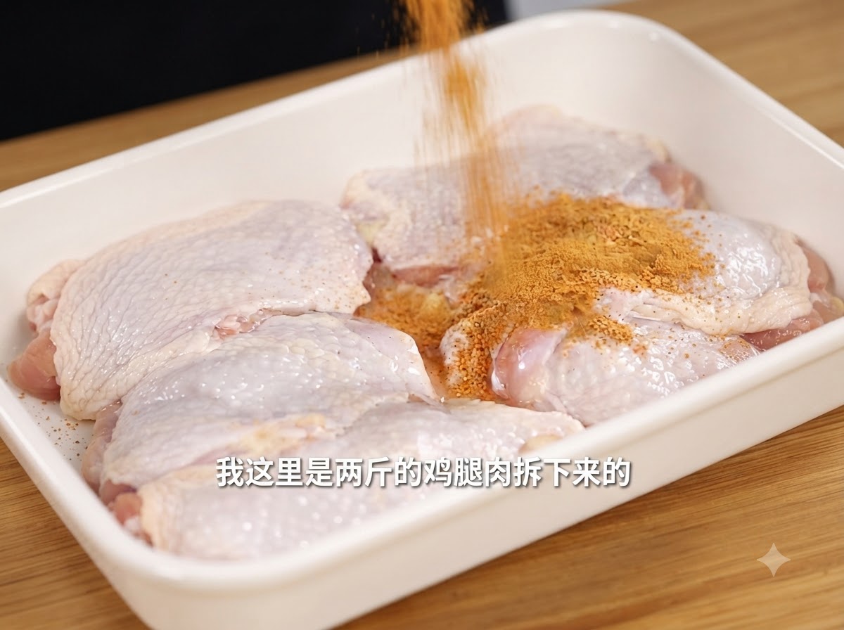 Spicy brine powder being sprinkled over raw boneless chicken pieces arranged in a white tray.