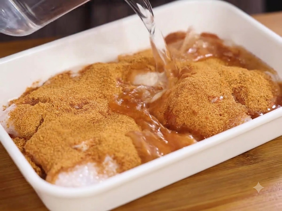 Water being poured from a container into a white tray containing seasoned chicken meat.