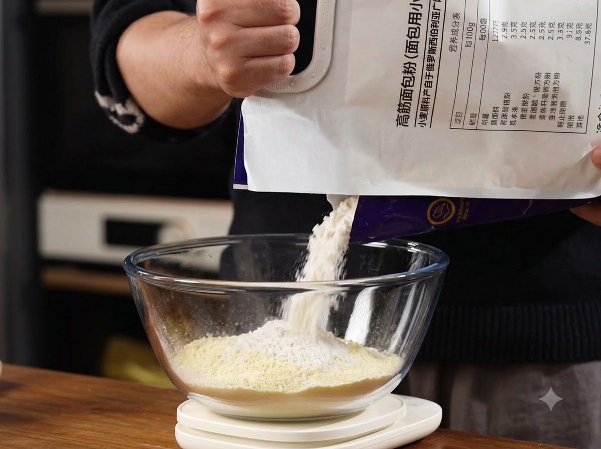 High-gluten flour being poured from a bag into a glass mixing bowl resting on a digital scale.