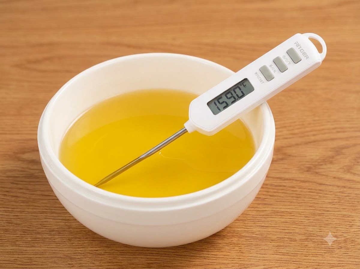 A digital thermometer measuring the temperature of yellow cooking oil inside a white bowl or pot.