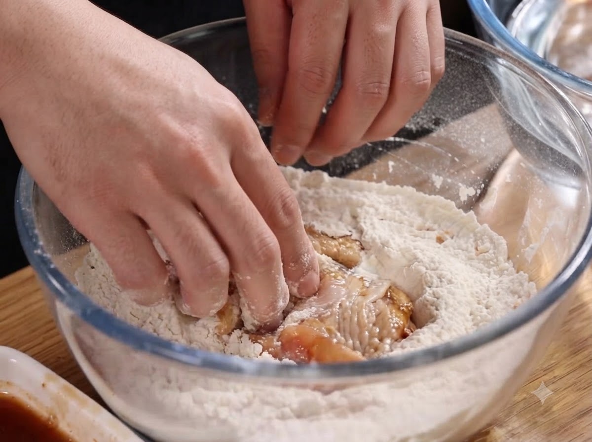 Marinated chicken pieces being thoroughly coated with dry fry flour inside a glass bowl.