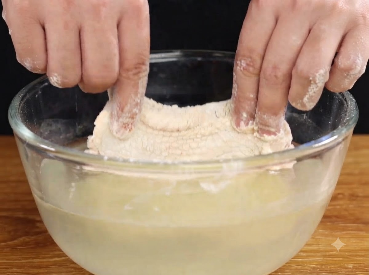 Hands dipping a flour-dredged chicken piece into a bowl of water.