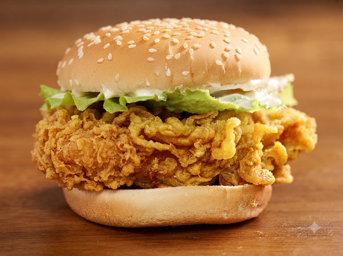 Close-up of oil being brushed onto a coated chicken piece inside an air fryer basket.
