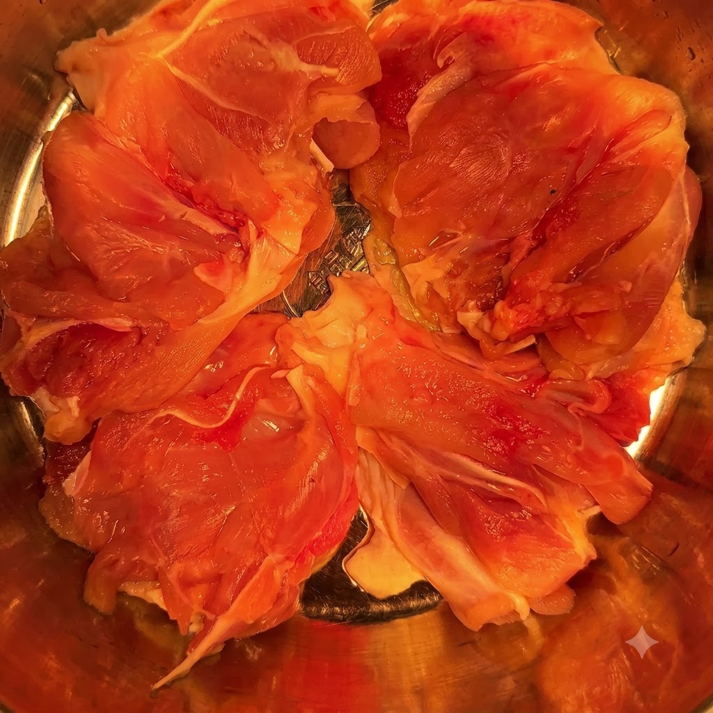 Raw, deboned chicken drumstick pieces laid out in a stainless steel mixing bowl.