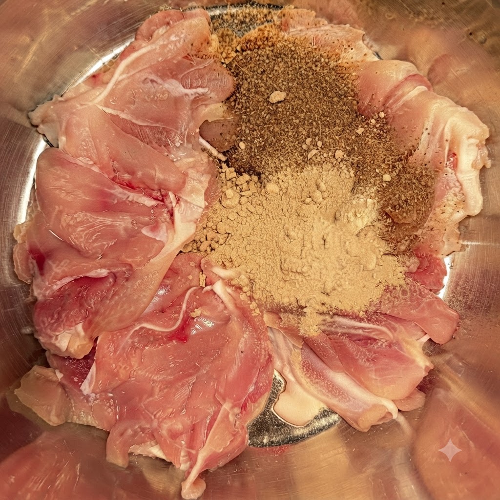 Raw chicken in a bowl generously topped with mounds of Sichuan peppercorn powder, garlic powder, and chili powder.