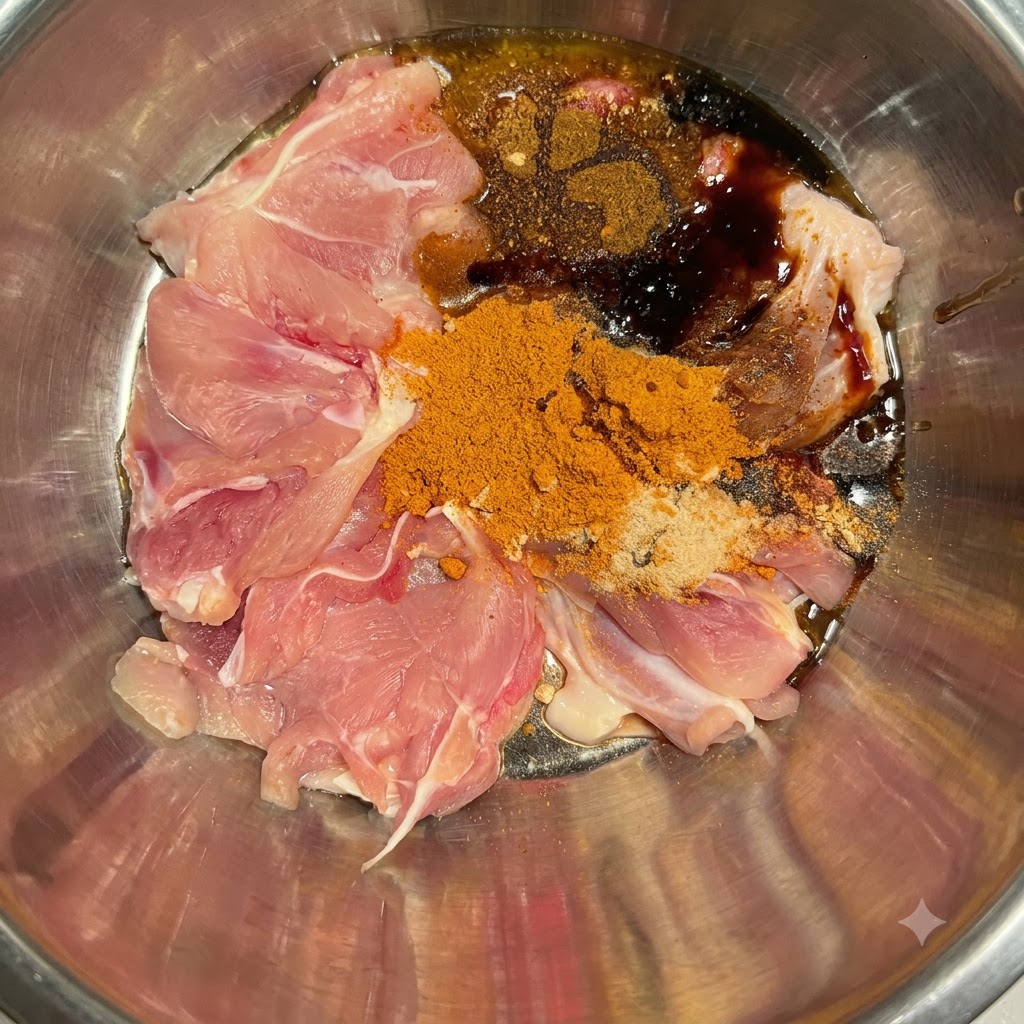 Raw chicken and dry spices with soy sauce, oyster sauce, and peppercorn oil poured over them in a metal bowl.
