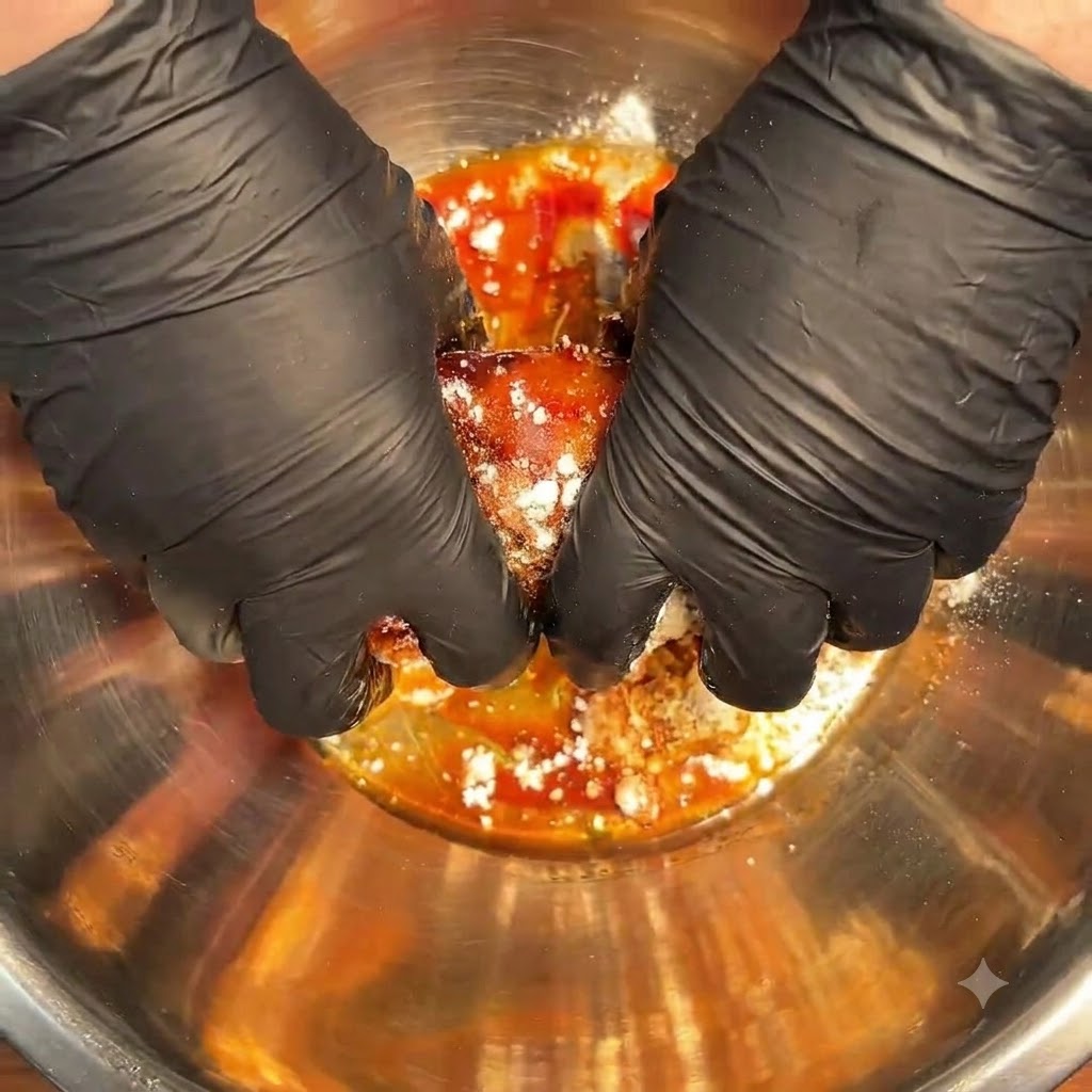 Gloved hands thoroughly massaging dark marinades and spices into raw chicken pieces in a metal bowl.