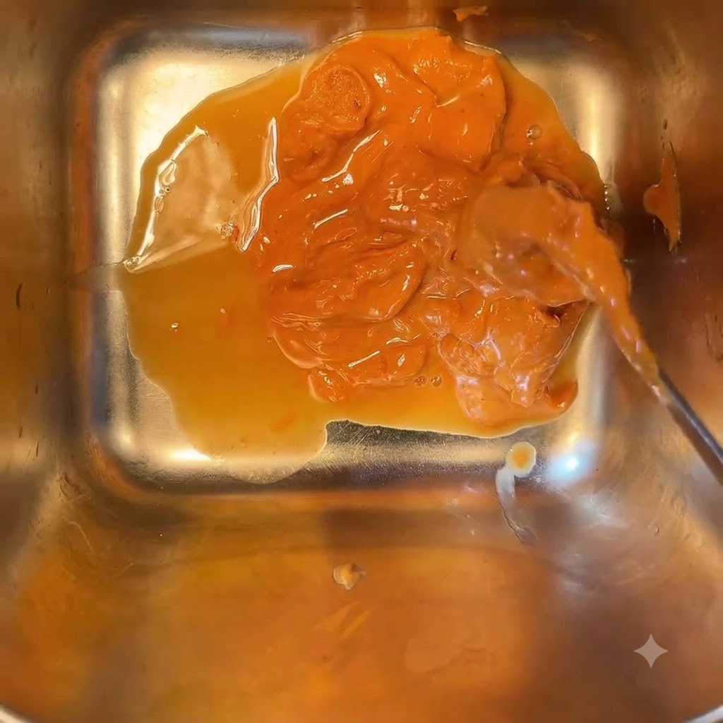 Thick peanut butter mixed with vinegar, honey, and water in a square metal container, being stirred with a spoon.
