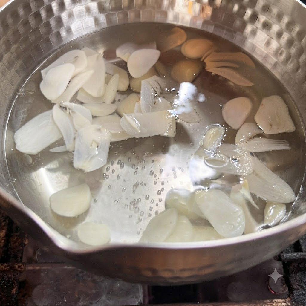 Thinly sliced garlic cloves boiling in a pot of hot water.