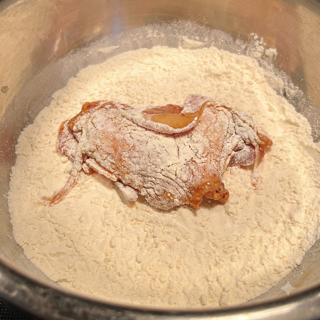 Marinated chicken piece resting in a bowl of dry flour, being coated evenly.