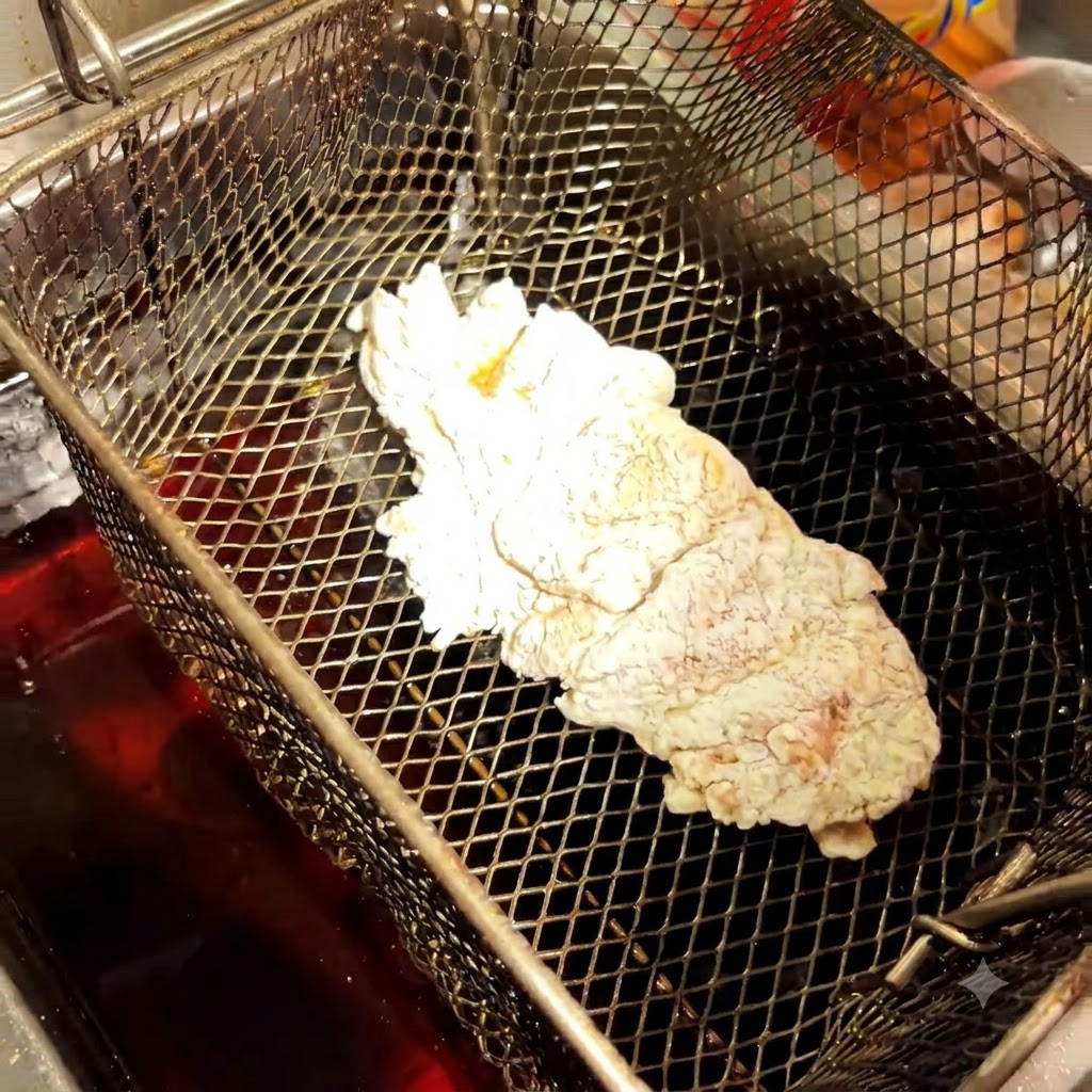 Breading-coated chicken piece resting inside a deep fryer basket over hot oil.