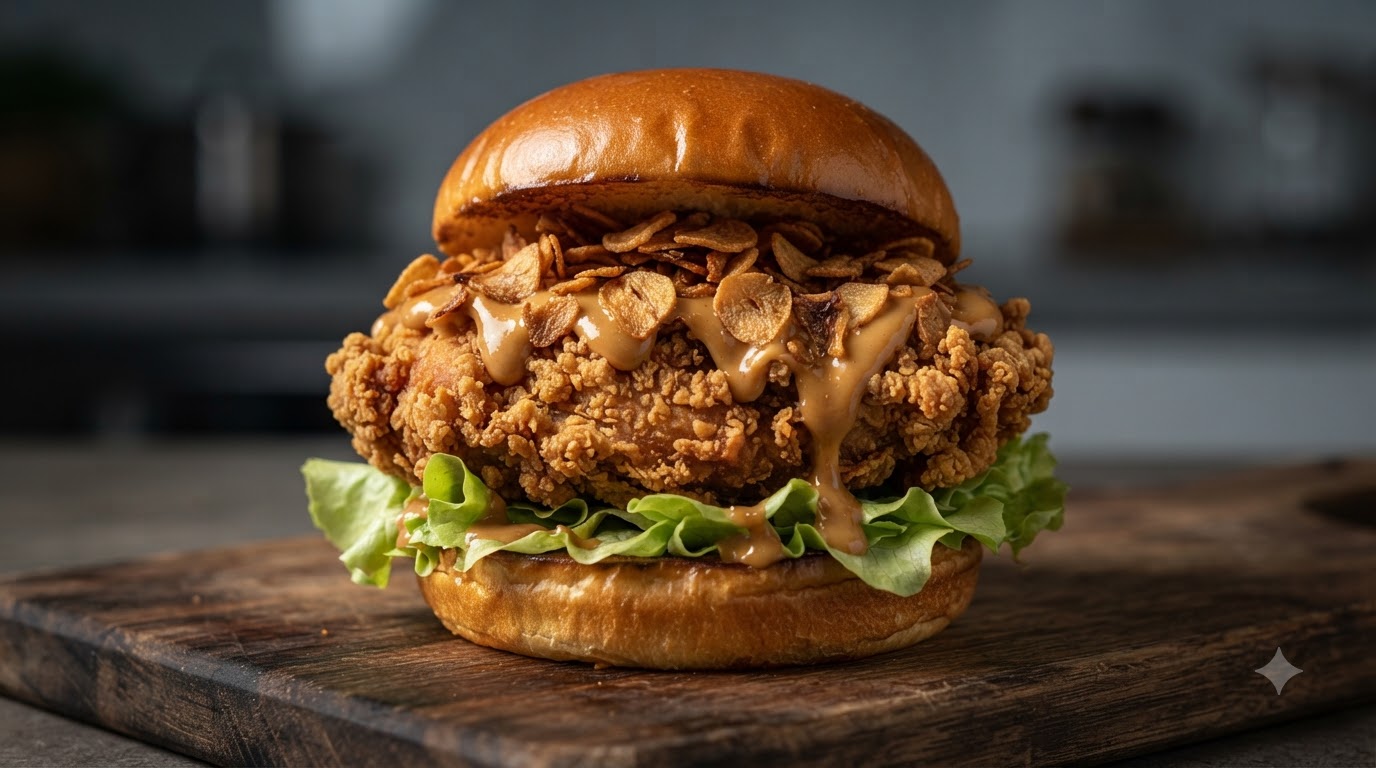 Garlic Mala Fried Chicken Burger with Peanut Butter