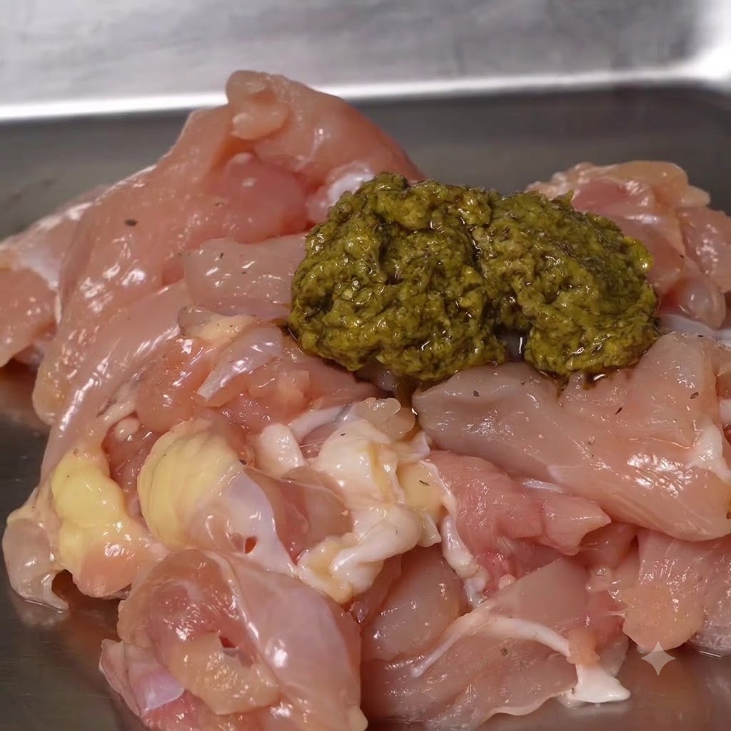 Raw cut chicken pieces in a metal tray topped with a scoop of green pesto sauce.