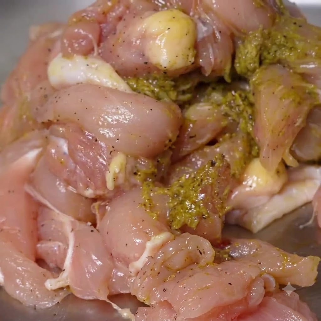 Close-up of raw chicken pieces evenly coated in green pesto marinade in a metal tray.