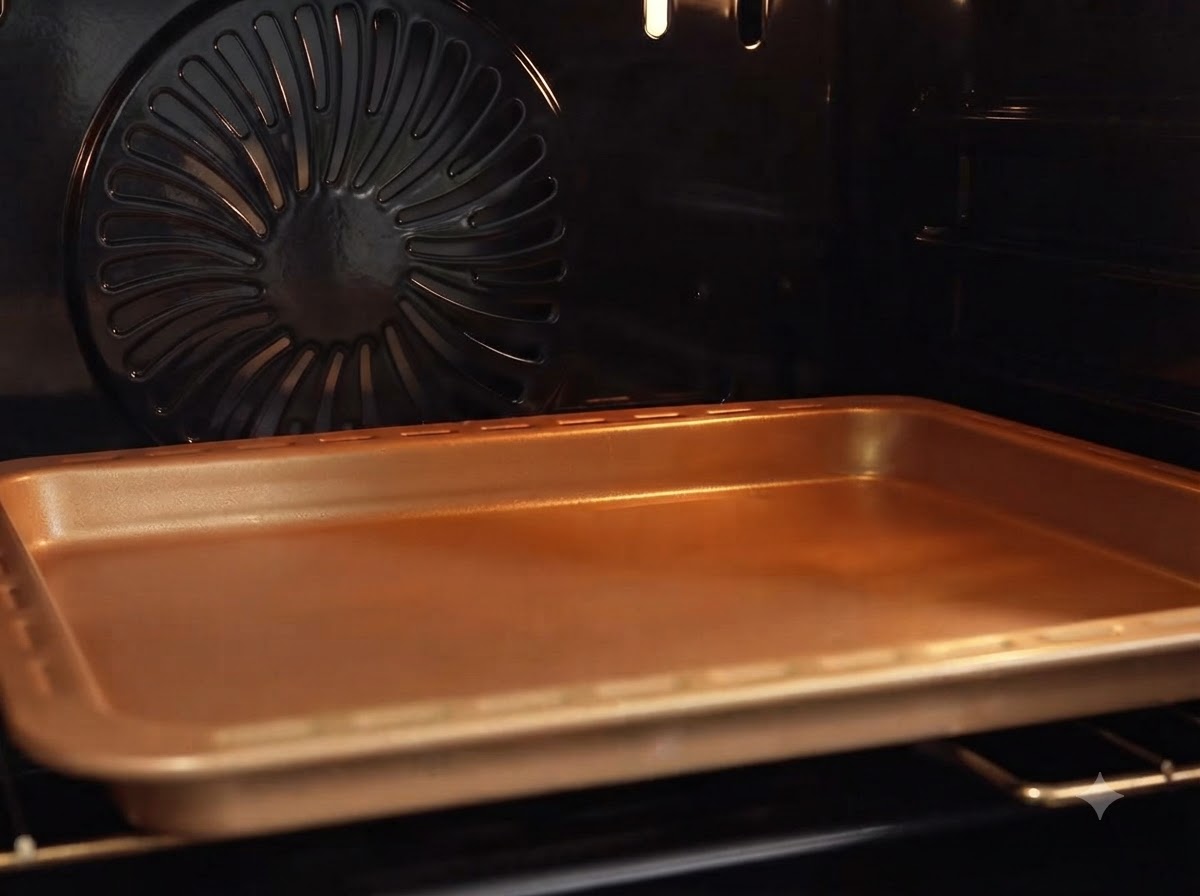 A copper baking sheet placed inside a hot oven during the cooking process.
