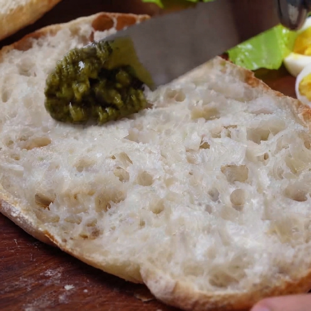 A knife spreading vibrant green pesto onto an open-faced piece of ciabatta bread.
