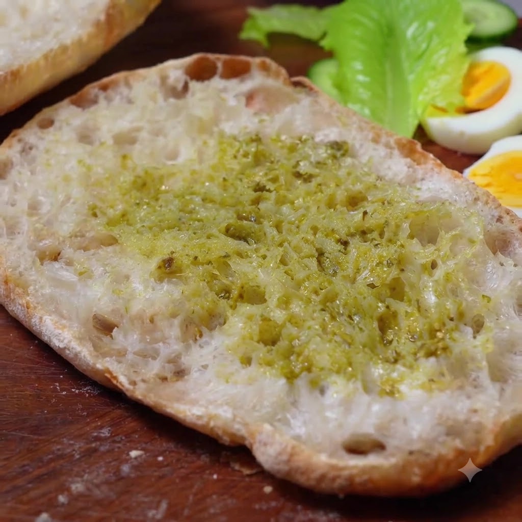 White salad dressing being spread on top of the pesto layer on the ciabatta bread.
