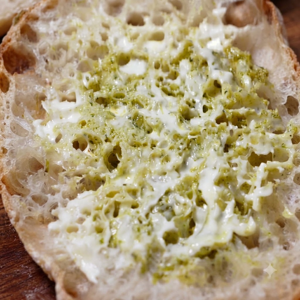 Fresh romaine lettuce and green kale leaves being arranged on top of the dressed ciabatta bread.