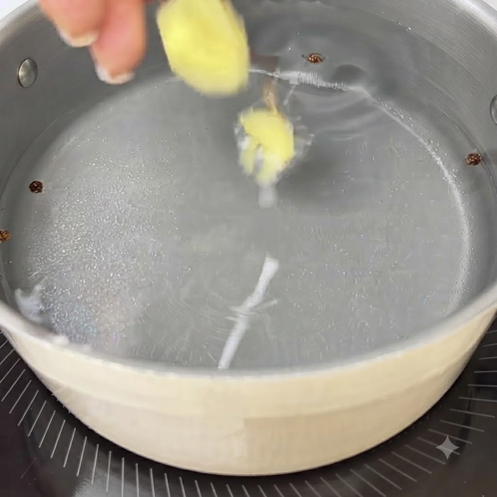 Ginger slices, scallions, and peppercorns floating in a pot of cold water on a stove.